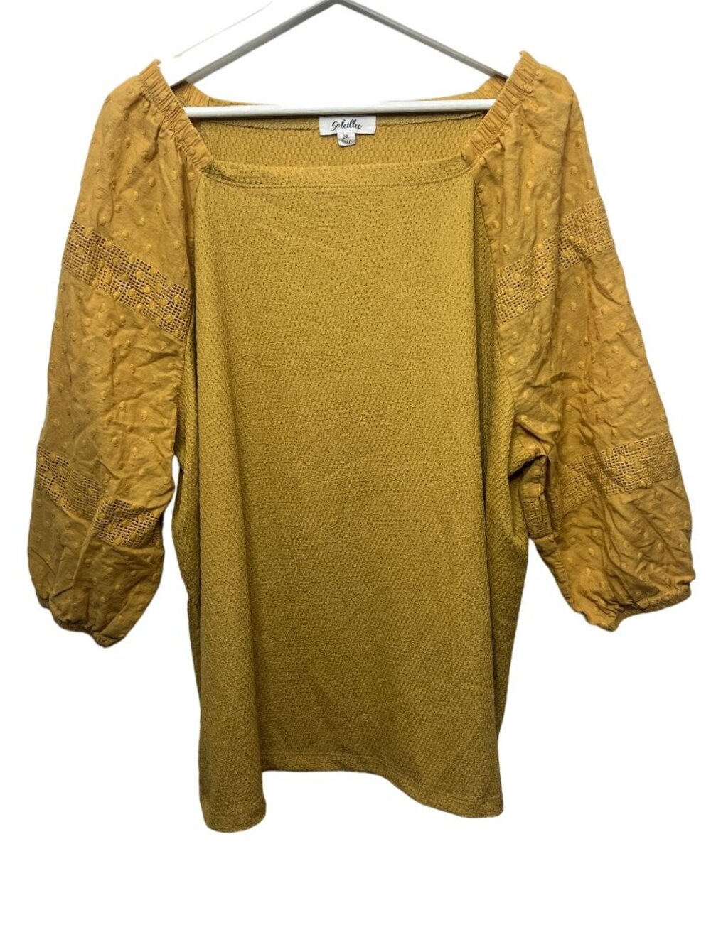 Soleillee Plus Size 2X Yellow Textured Peasant Blouse Puff Sleeve Boho Top